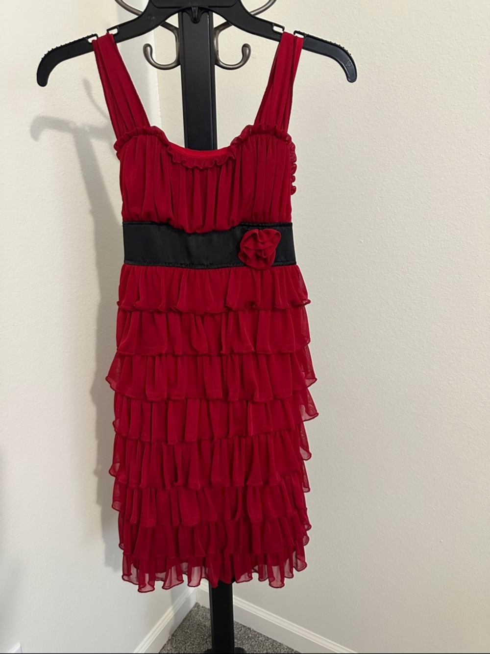 Candie's Red Ruffled Tiered Party Dress with Black Waistband